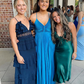 Stunning A Line Spaghetti Strap Green Satin Open Back Prom Dress Evening Dress SH1341