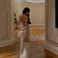 Gentle Apricot Sheath Spaghetti Straps Lace Satin Long Prom Dress Evening Dress SH8800
