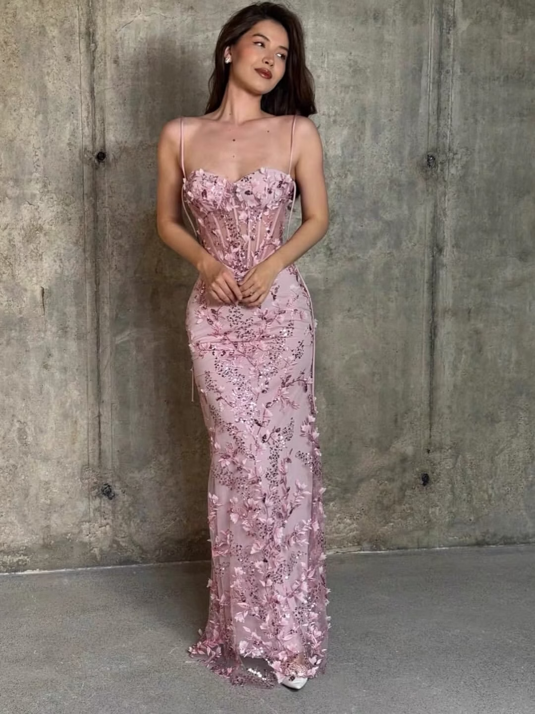 Dusty Pink Spaghetti Straps Sweetheart Sleeveless Long Mermaid Prom Dress With Appliques SH8531