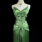 Elegant Green A Line Spaghetti Straps Beaded Pleated Satin Prom Dress Evening Dress SH3335