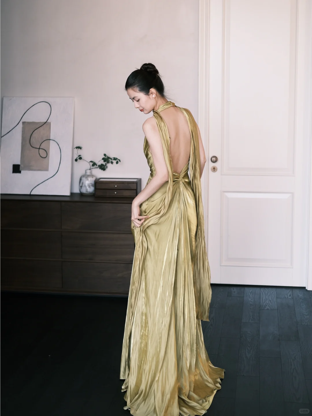 Simple Olive Green A Line V Neck Pleated Satin Prom Dress Party Dresses SH4587