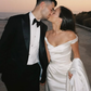 Stunning A Line Off the Shoulder White Satin Long Sweep Wedding Dress SH4857