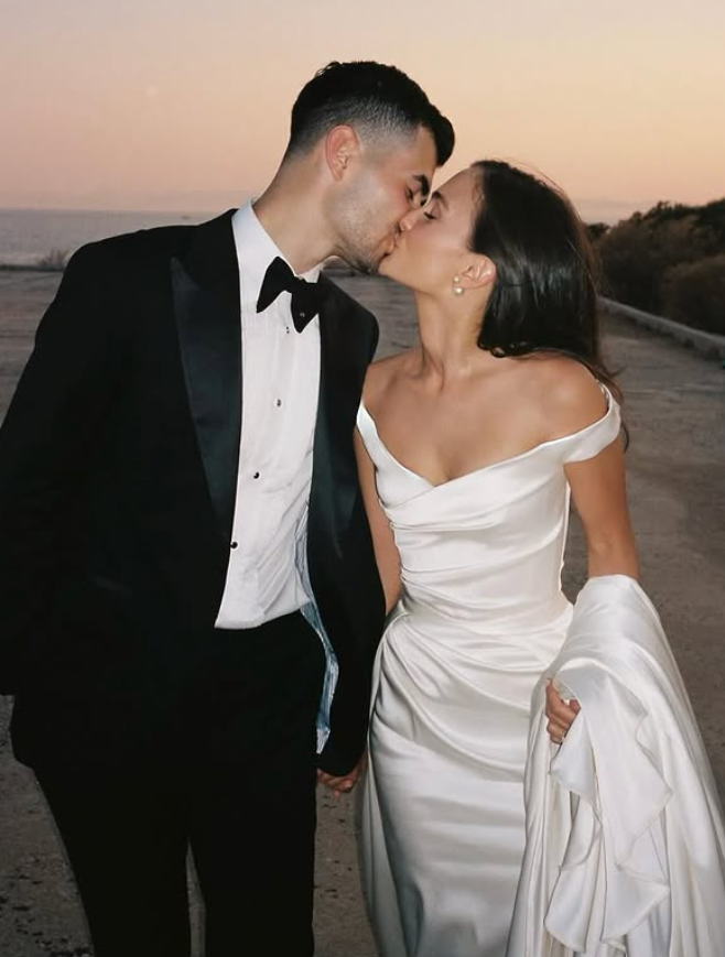 Stunning A Line Off the Shoulder White Satin Long Sweep Wedding Dress SH4857