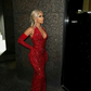 Elegant Mermaid Sequin Red Floor Length Black Girl Prom Dresses SH263