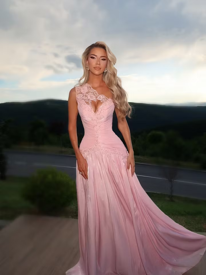 Ethereal A Line One Shoulder Pink Lace Satin Prom Dress Evening Dress SH8564
