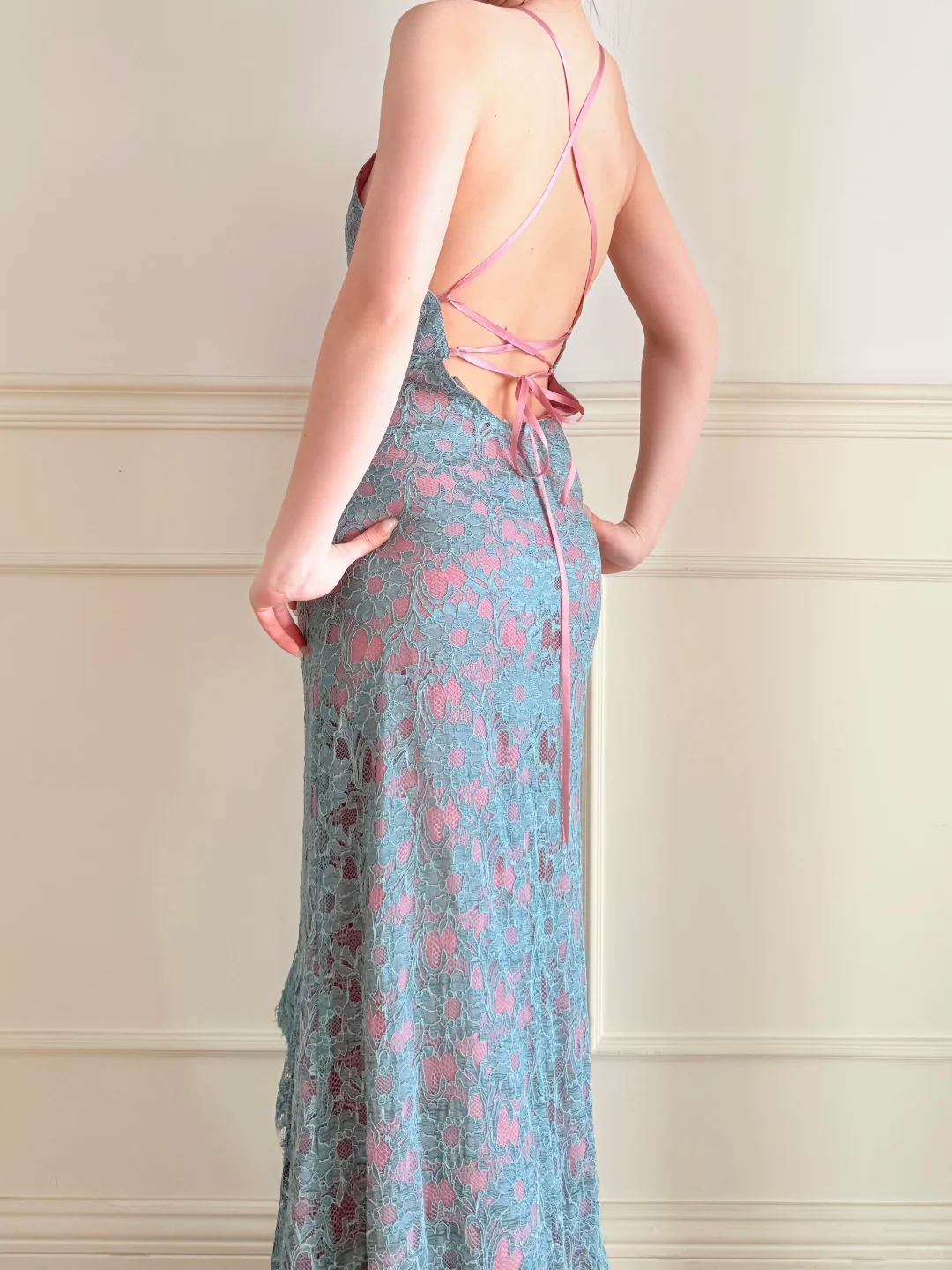 Sexy Mermaid Straps Blue Lace Pink Chiffon Long Prom Dress Wedding Guest Dress SH5504