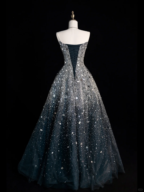 New Grey A Line Sweetheart Neck Beaded Satin Tulle Evening Dresses