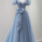 Cute V Neck Tulle Long Prom Dress, Blue Sweet 16 Formal Dress With Bow Knot SH855