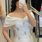 White A Line Off the Shoulder Beaded Satin Long Prom Dress Evening Dress SH7314