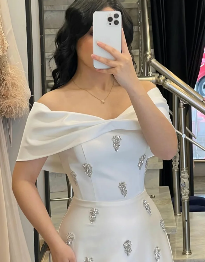 White A Line Off the Shoulder Beaded Satin Long Prom Dress Evening Dress SH7314