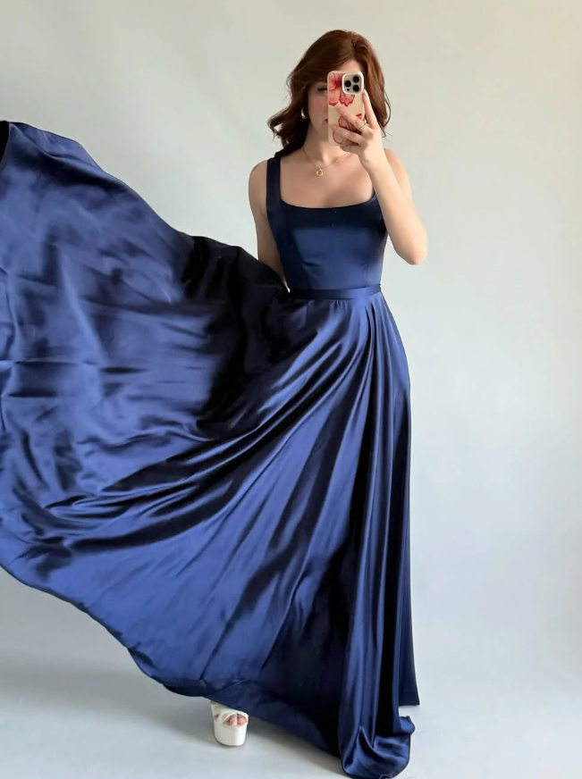 Simple Navy Blue A Line Spaghetti Straps Satin Prom Dress Date Dress SH5548