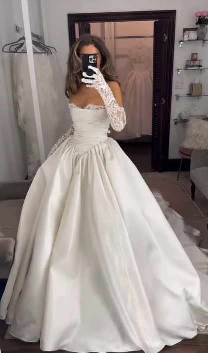 Beautiful Ball Gown Strapless White Lace Satin Long Wedding Dress SH6188
