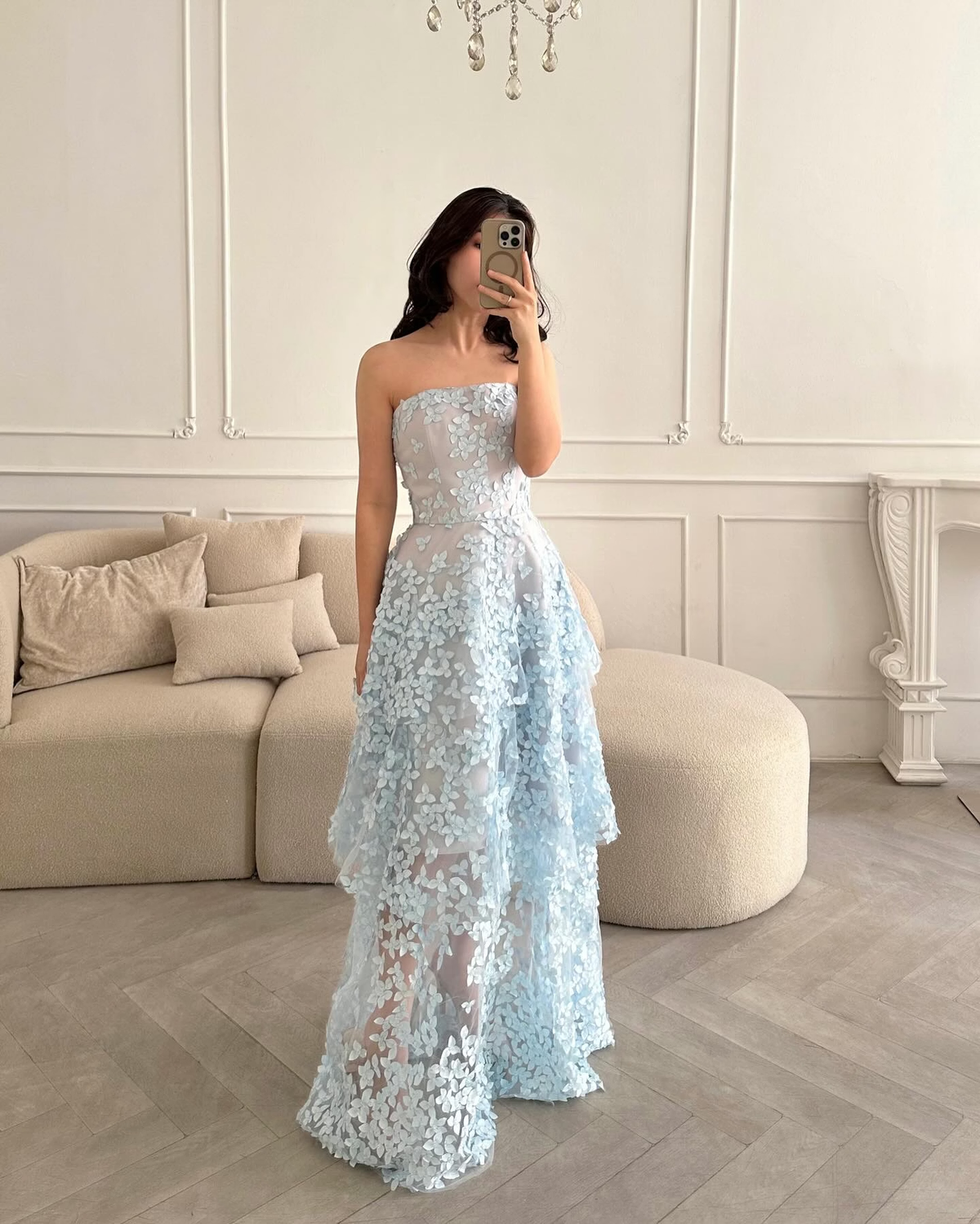 Baby Blue A Line Strapless 3D Floral Tulle Prom Dress Evening Dress SH8557
