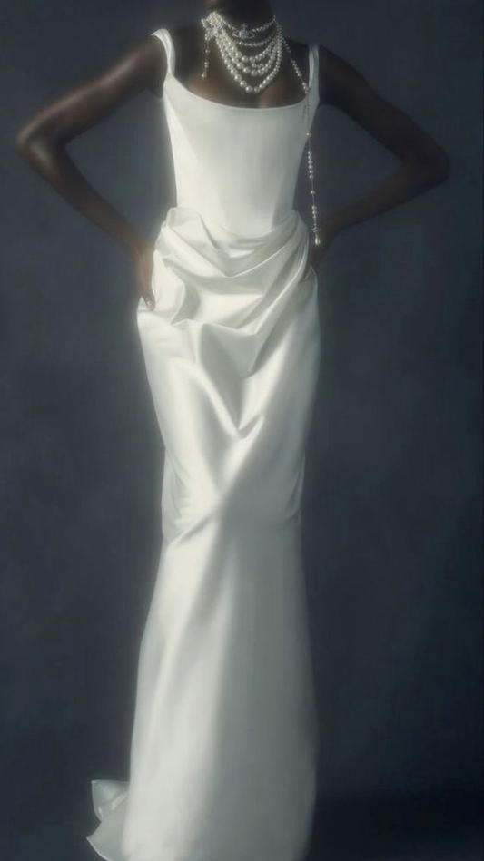 Fashion Mermaid Straps Long Prom Dress White Satin Wedding Dress SH1287