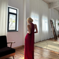 Sexy Burgundy A Line Halter Lace Satin Open Back Prom Dress Wedding Guest Dress SH4465