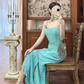 Vintage Blue Sheath Spaghetti Straps Beaded Chiffon Long Prom Dress SH5207