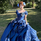 Classic Ball Gown Straps Blue Floral Satin Long Prom Dress 18th Birthday Dress SH4981