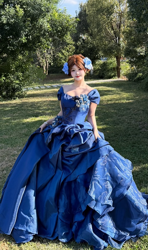 Classic Ball Gown Straps Blue Floral Satin Long Prom Dress 18th Birthday Dress SH4981