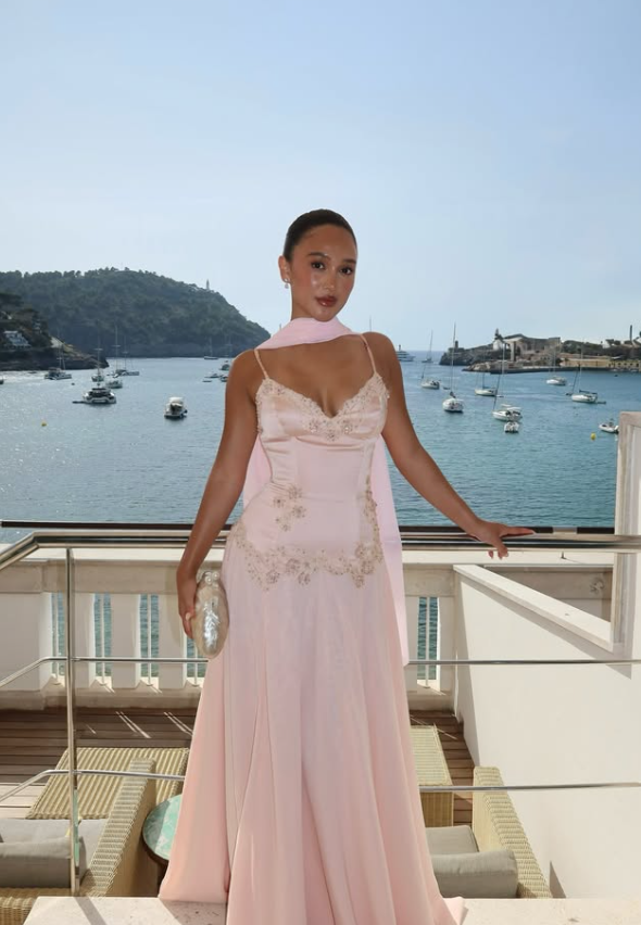 Gentle Light Pink Spaghetti Strap Beaded Chiffon Long Prom Dress Evening Dress SH8971