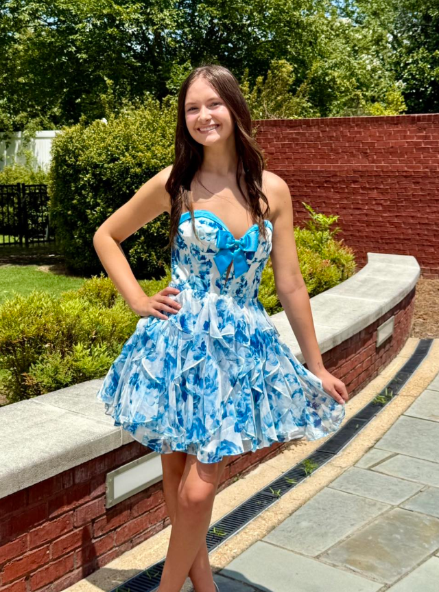 Cute Blue Print Floral A Line Sweetheart Neck Chiffon Short Prom Dress Homecoming Dress SH6590