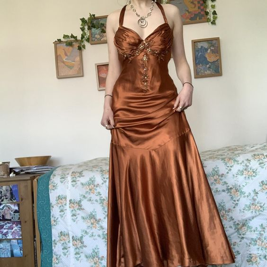 Vintage Halter V Neck  Beaded Appliques 90s Prom Dress Mermaid Evening Dress SH1132