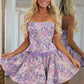 Glamorous A Line Strapless Lilac Floral Printed Short Homecoming Dress with Pearls SH7856