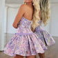 Glamorous A Line Strapless Lilac Floral Printed Short Homecoming Dress with Pearls SH7856