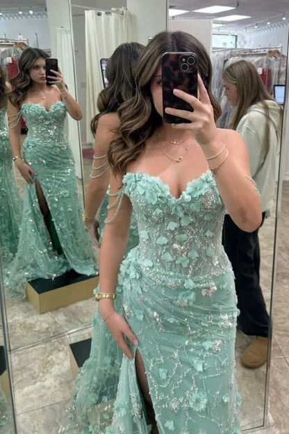 Glamorous Mermaid Off the Shoulder Green Long Prom Dress with Appliques SH7623