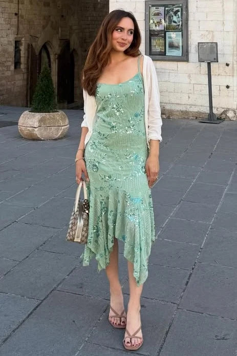Glamorous Sheath Spaghetti Straps Light Green Tea Length Party Dress with Beading SH8064