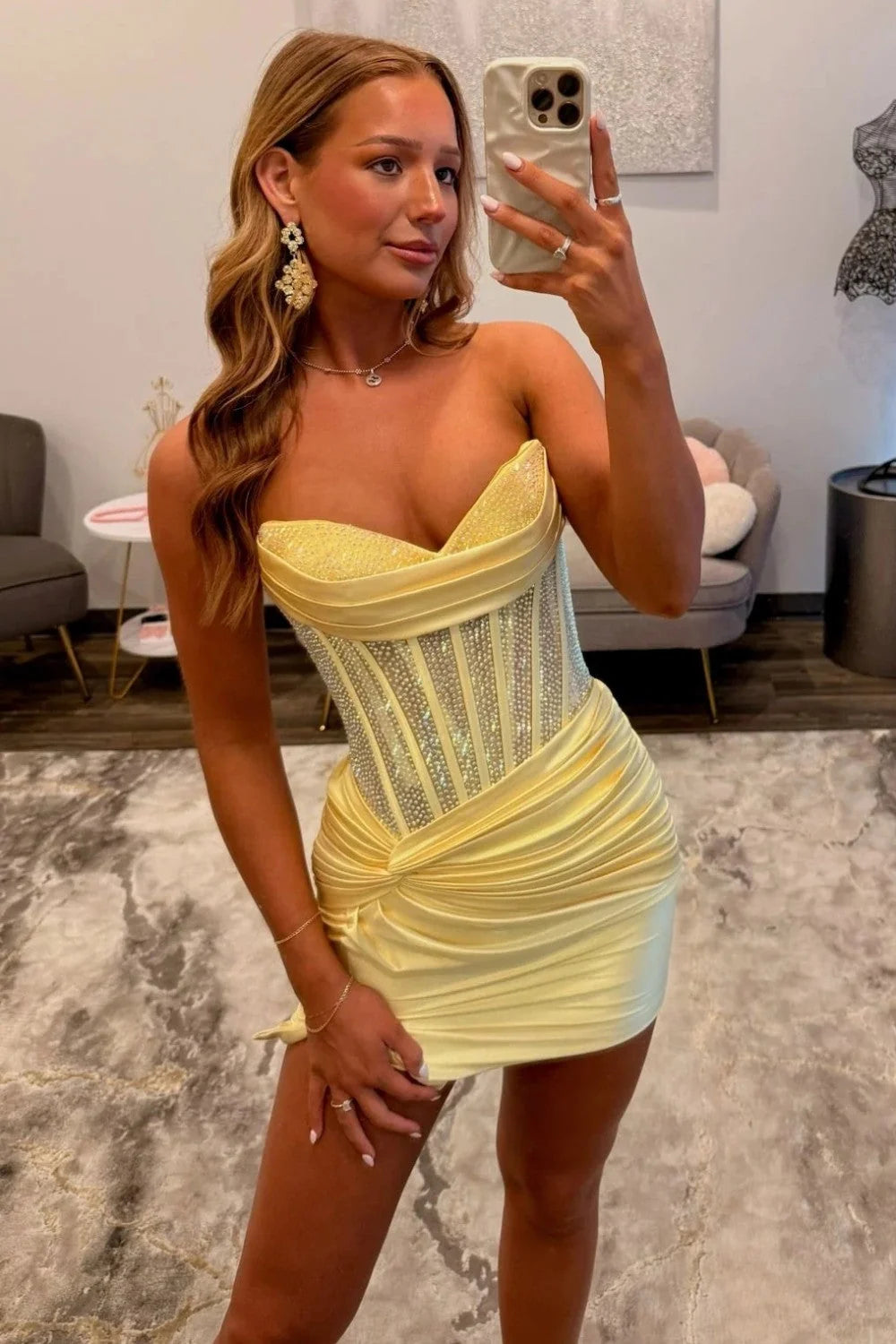 Sparkly Bodycon Sweetheart Yellow Corset Homecoming Dress with Beading SH7857