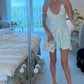 Gorgeous A Line Spaghetti Straps Satin Short Homecoming Dress with Appliques SH7492