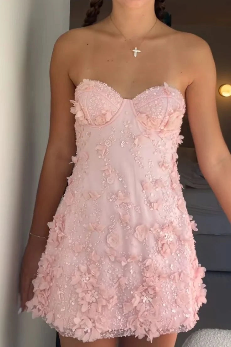 Gorgeous A Line Spaghetti Straps Pink Short Homecoming Dress with Appliques Beading SH7899