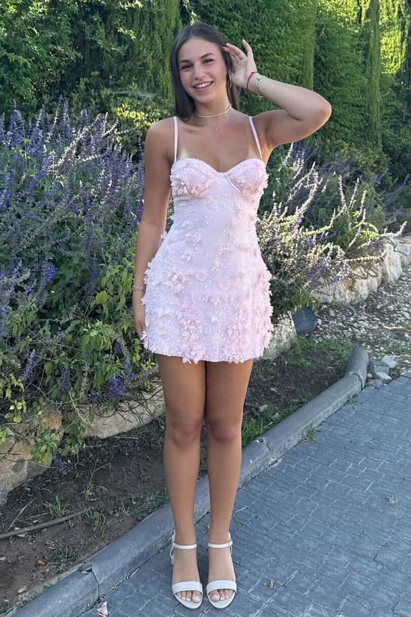 Gorgeous A Line Spaghetti Straps Pink Short Homecoming Dress with Appliques Beading SH7899