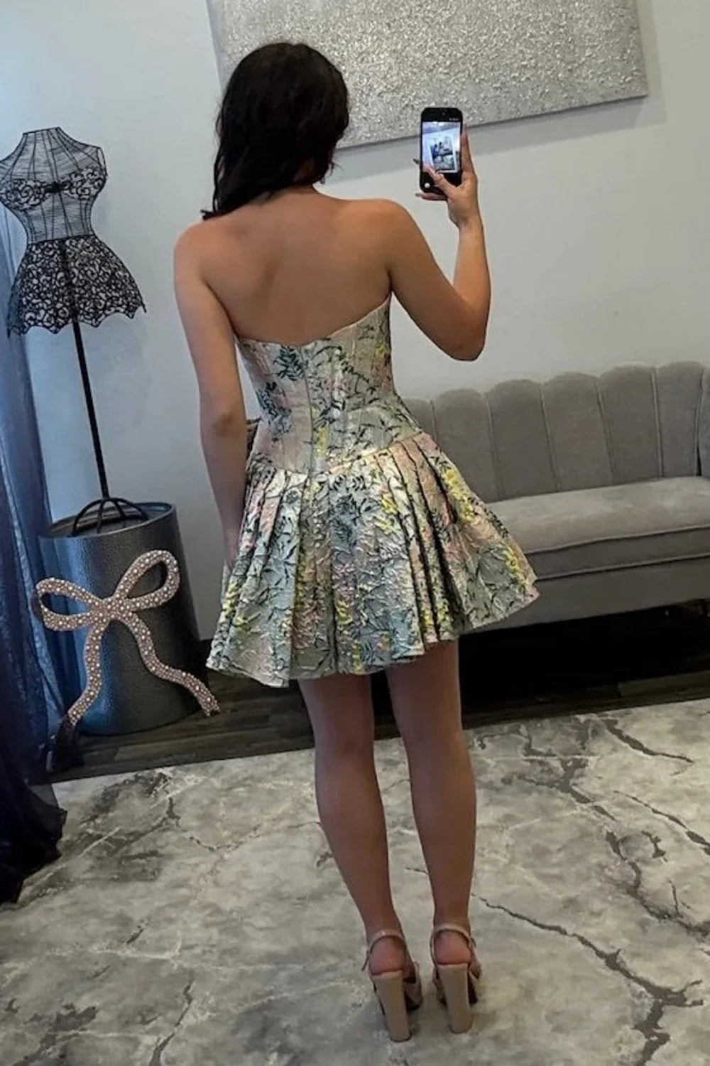 Gorgeous A Line Strapless Light Green Floral Printed Corset Homecoming Dress with Bowknot SH7971