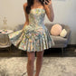 Gorgeous A Line Strapless Light Green Floral Printed Corset Homecoming Dress with Bowknot SH7971