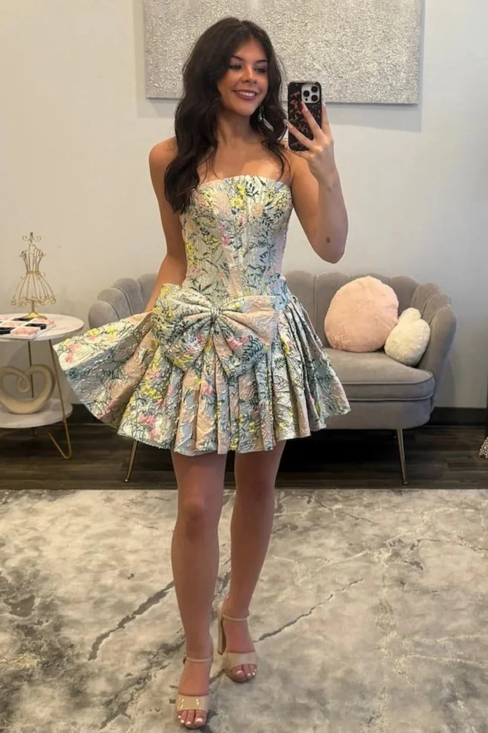 Gorgeous A Line Strapless Light Green Floral Printed Corset Homecoming Dress with Bowknot SH7971