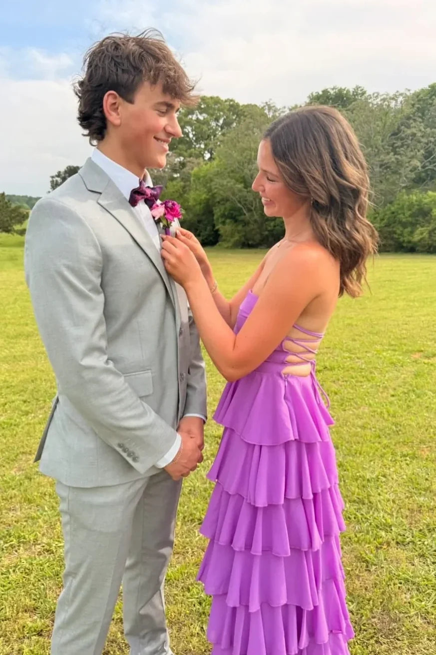Gorgeous A Line Strapless Purple Long Prom Dress with Criss Cross Back SH8296