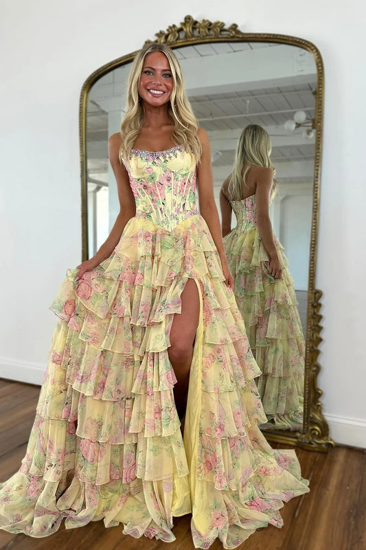 Gorgeous A Line Strapless Yellow Printed Corset Prom Dress with Beading Ruffles SH8294
