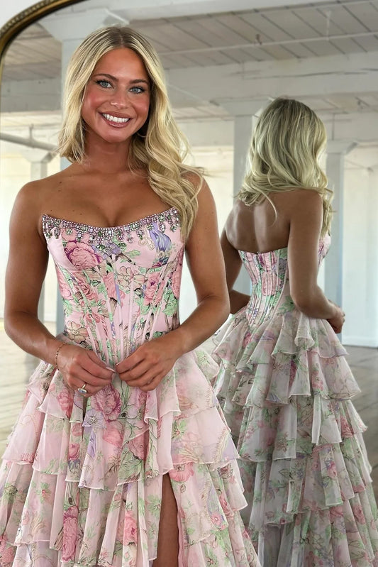 Gorgeous A Line Strapless Pink Printed Corset Prom Dress with Beading Ruffles SH8295