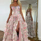 Gorgeous A Line Strapless Pink Printed Corset Prom Dress with Beading Ruffles SH8295