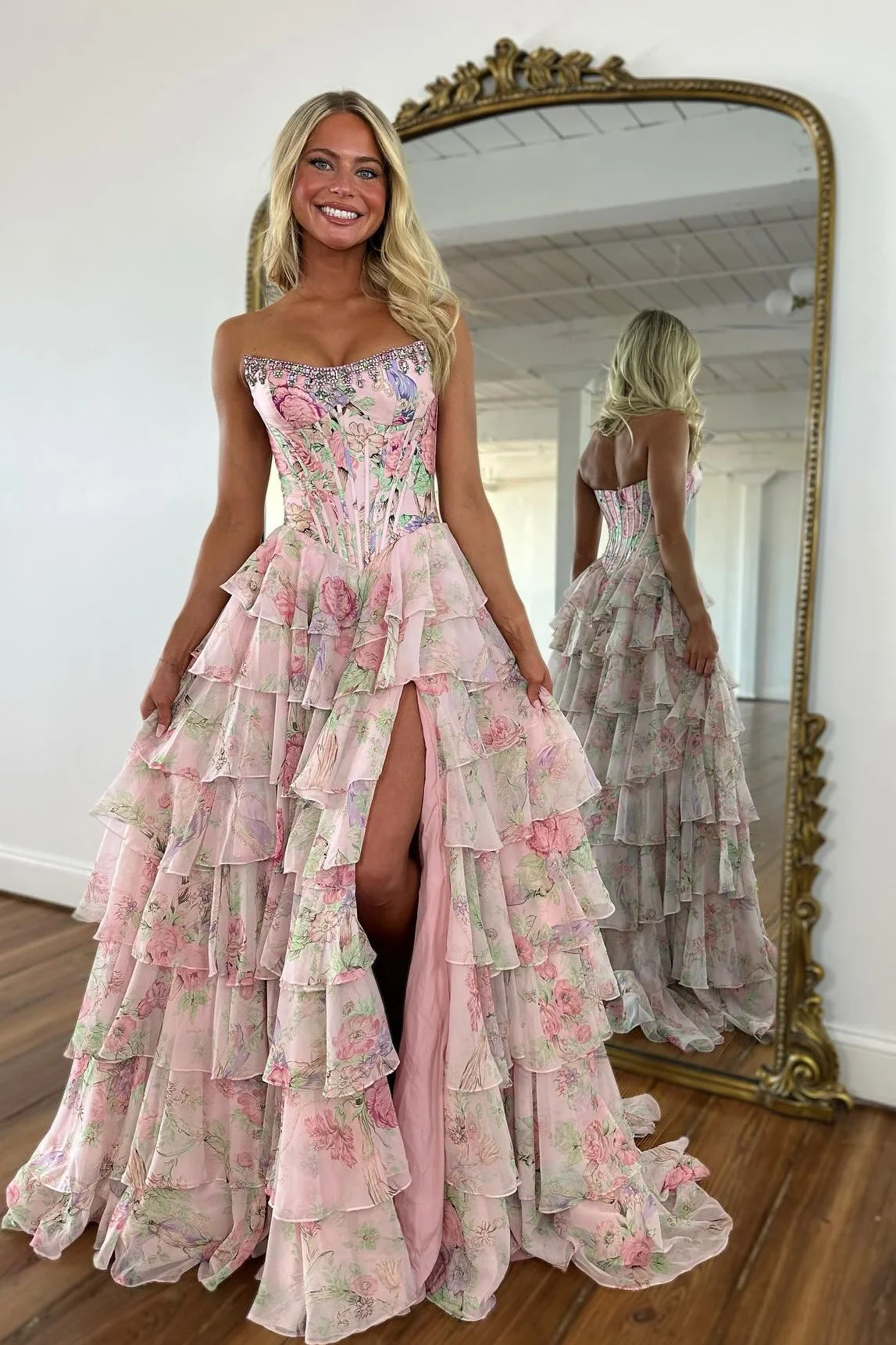 Gorgeous A Line Strapless Pink Printed Corset Prom Dress with Beading Ruffles SH8295