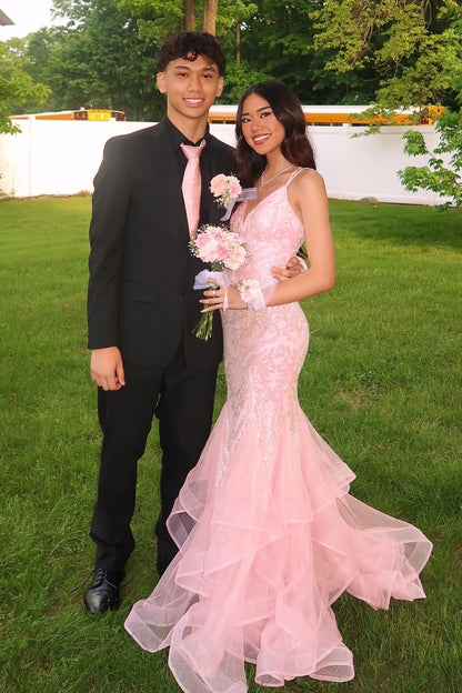 Gorgeous Mermaid Spaghetti Straps Pink Long Prom Dress with Embroidery SH8107