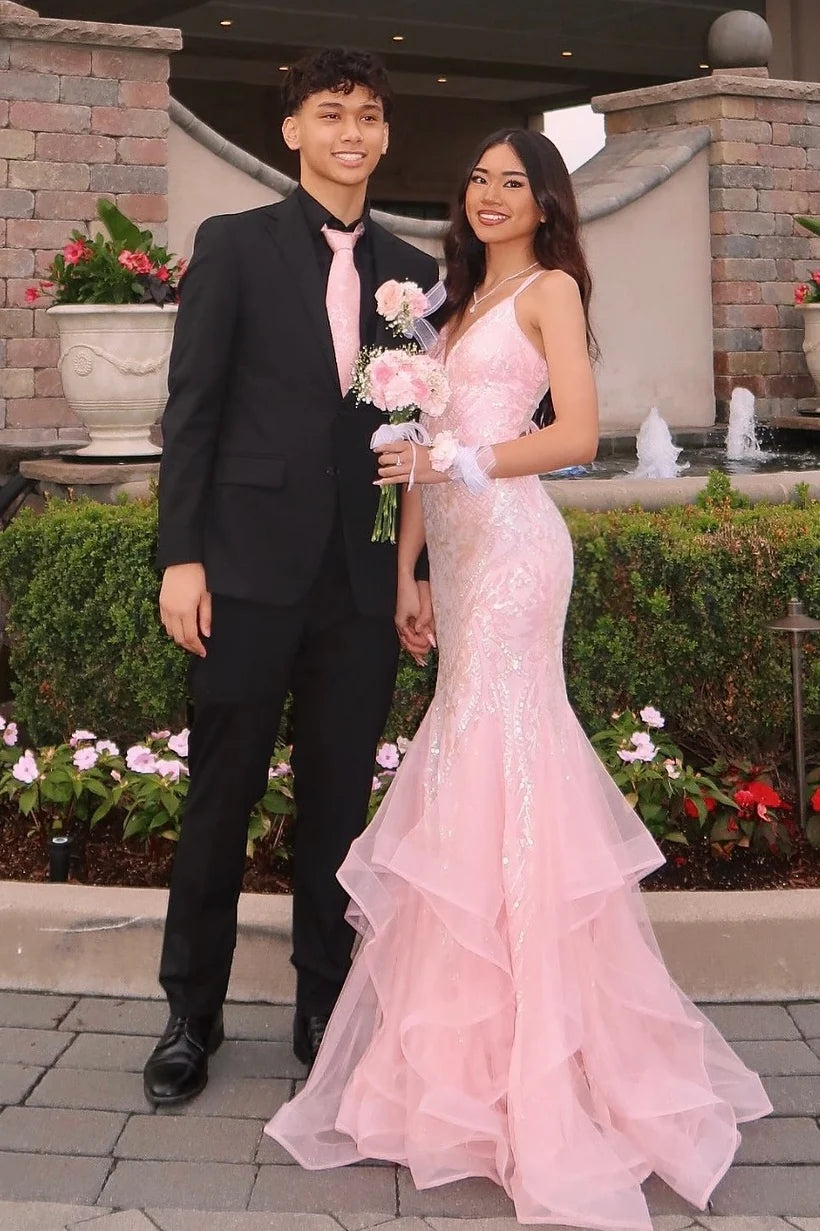 Gorgeous Mermaid Spaghetti Straps Pink Long Prom Dress with Embroidery SH8107