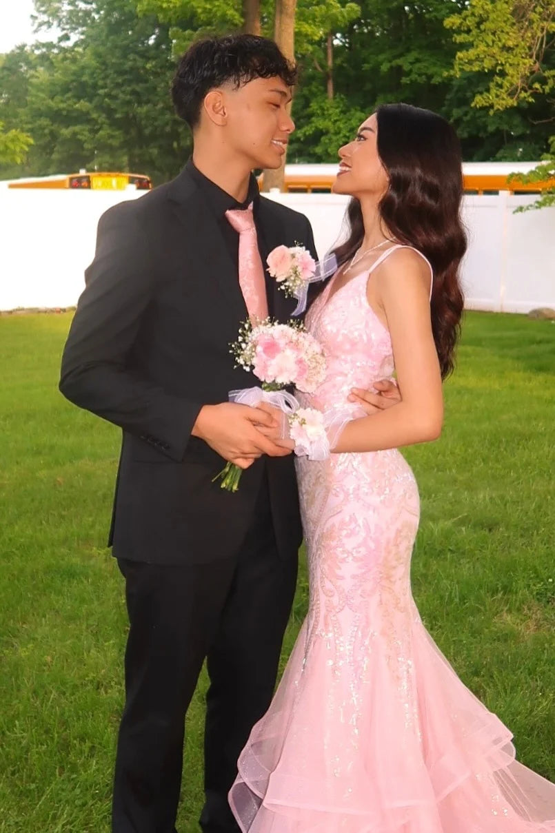 Gorgeous Mermaid Spaghetti Straps Pink Long Prom Dress with Embroidery SH8107
