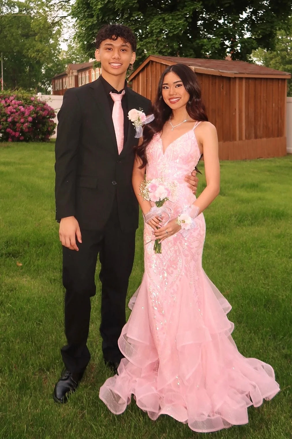 Gorgeous Mermaid Spaghetti Straps Pink Long Prom Dress with Embroidery SH8107