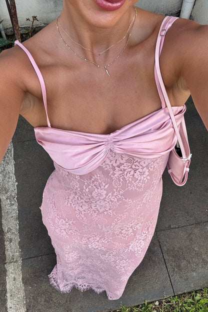 Gorgeous Sheath Spaghetti Straps Pink Long Prom Dress with Lace SH7616