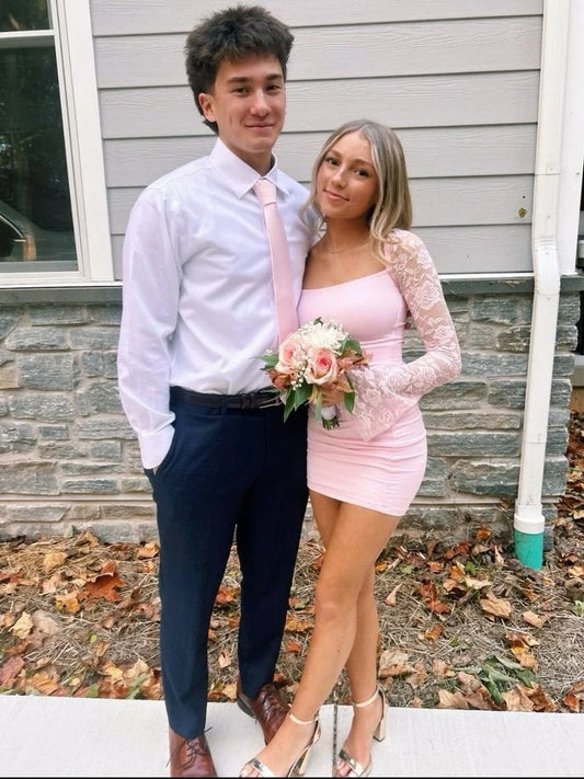 Chic Sheath Square Neck Light Pink Short Homecoming Dress with Long Sleeves SH7742