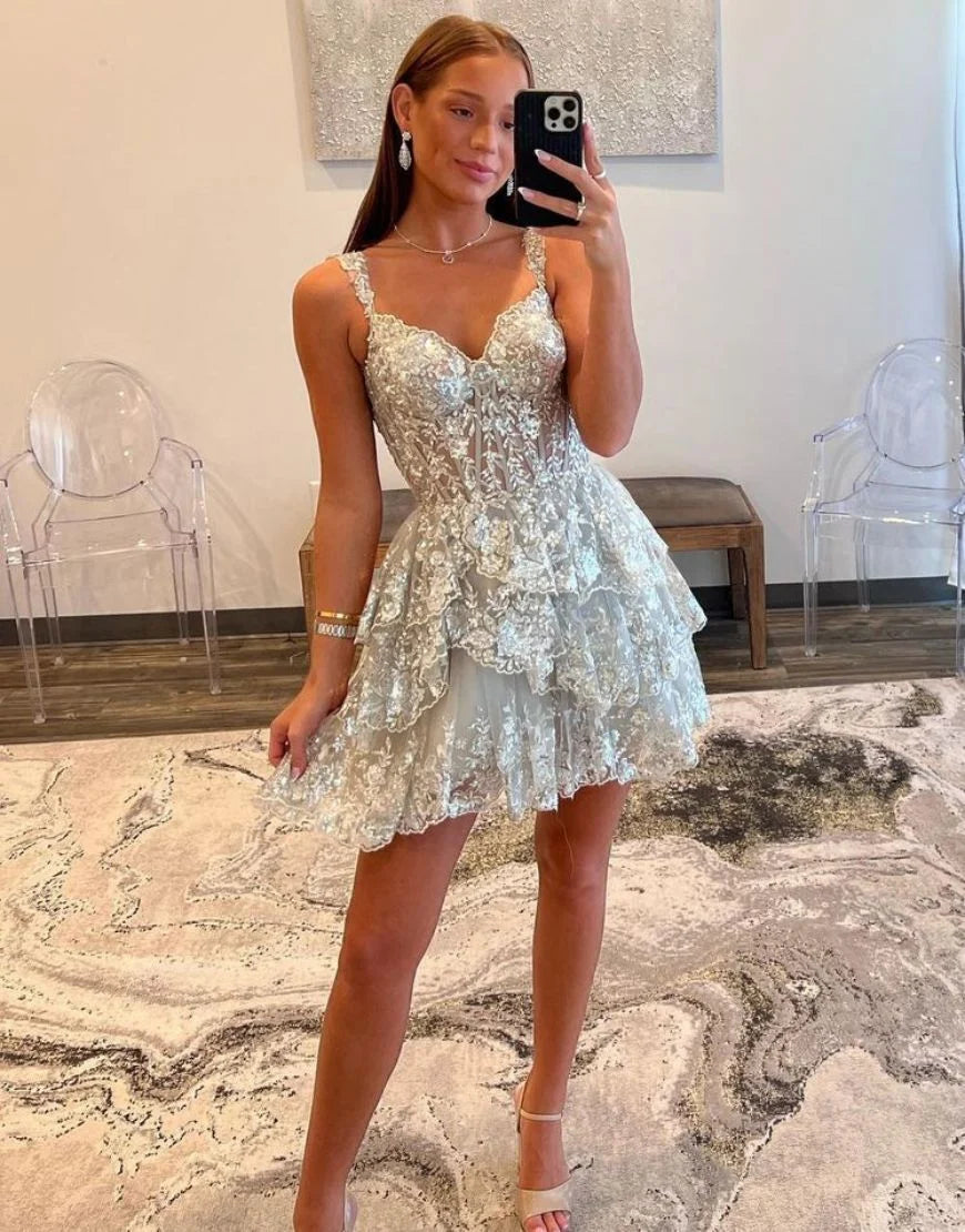 Gorgeous Sparkly Off The Shoulder A-Line Tiered Short Homecoming Dress SH7532