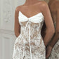 Strapless V-Neck Beaded White Lace Fitted Short Mini Homecoming Dress SH8237
