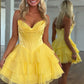 Gorgeous A Line Sweetheart Yellow Corset Homecoming Dress with Appliques Ruffles SH7536